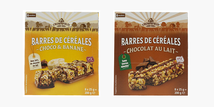 Barres de céréales Crownfield choco & banane et chocolat au lait